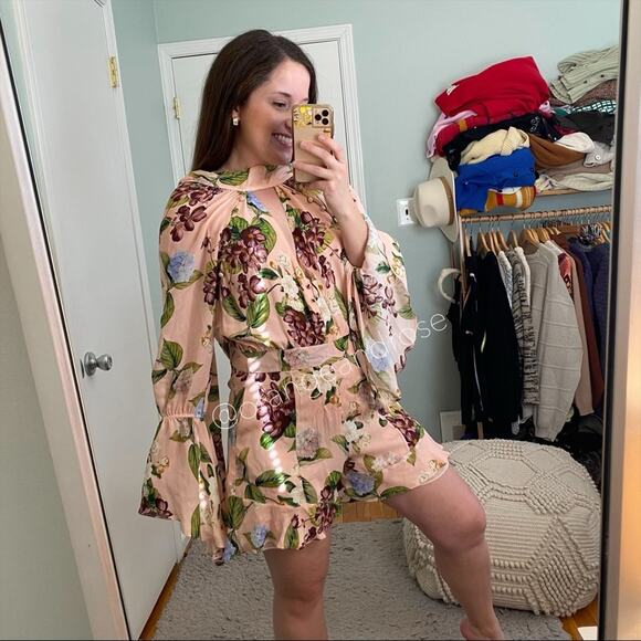 NICHOLAS Peach Pink Floral Print Silk Flare Sleeve Romper Long Sleeve 6 Small - Picture 7 of 16